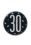 Unique Badge Black Glitz Age 30 badge, 3-inch black and glittery design for celebrating 30th birthdays.