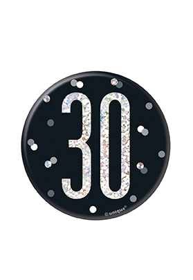 Unique Badge Black Glitz Age 30 badge, 3-inch black and glittery design for celebrating 30th birthdays.