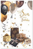 Set of six Simon Elvin C50 birthday cards for sons, featuring colorful designs and cheerful messages for special occasions.