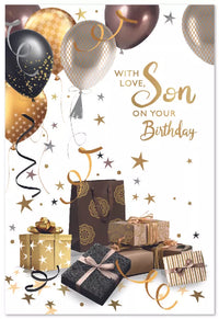 Set of six Simon Elvin C50 birthday cards for sons, featuring colorful designs and cheerful messages for special occasions.