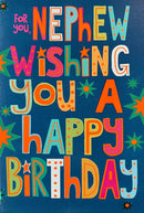 Set of six Simon Elvin C50 birthday cards for nephew featuring colorful, festive designs and cheerful messages.