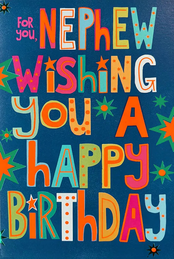 Set of six Simon Elvin C50 birthday cards for nephew featuring colorful, festive designs and cheerful messages.