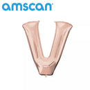 Anagram rose gold foil balloon in the shape of the letter V, 16 inches tall, shiny and metallic for celebrations