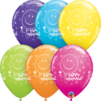 Assorted 11-inch Qualatex printed latex balloons with retirement tropical designs in a 25-pack, colorful and festive for celebrations.