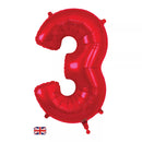 Red Oaktree foil balloon shaped as the number 3, 34 inches tall, perfect for celebrations and decorations.