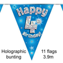 Bunting 11 Flags Blue Holographic Birthday Age 4