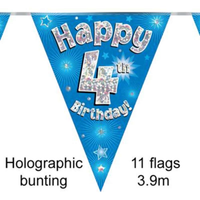 Bunting 11 Flags Blue Holographic Birthday Age 4