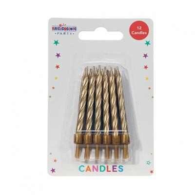 APAC gold party candles in a 36-pack, showing six sets of six gold-colored birthday candles with flames on a white background.