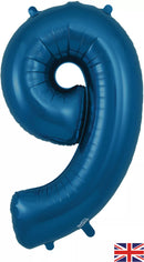 Oaktree navy blue foil balloon shaped as the number 9, 34 inches tall, with shiny metallic finish and festive design.