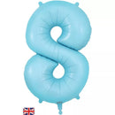 Oaktree matte blue foil balloon in the shape of number 8, 34 inches tall, designed for celebrations and decorations.