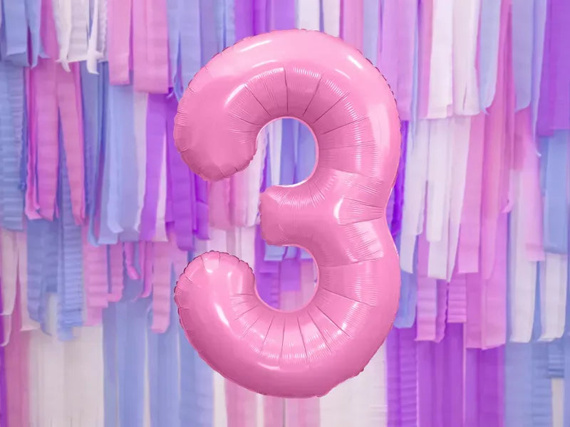 Pink 34-inch foil balloon shaped as the number 3 from PartyDeco, shiny and festive for birthday celebrations.