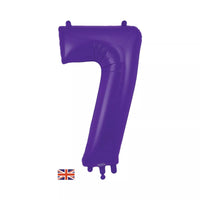 Purple Oaktree foil balloon in the shape of the number 7, 34 inches tall, with shiny metallic finish.