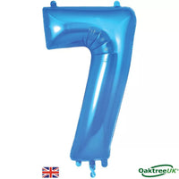 Blue Oaktree foil balloon in the shape of the number 7, measuring 34 inches, suitable for celebrations and decorations.