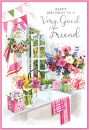 Set of six Simon Elvin C50 birthday cards featuring "Very Good Friend" message with colorful designs.