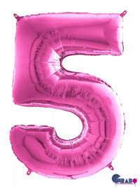 Pink Grabo foil balloon shaped as the number 5, 26 inches tall, decorated with shiny metallic finish, perfect for celebrations