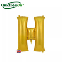 Gold Oaktree foil balloon in the shape of the letter H, measuring 34 inches tall, with a shiny metallic finish.