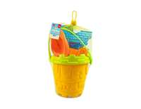 Six colorful toy buckets from Gem Imports' 6-piece bucket set, ideal for outdoor play and water activities.