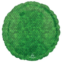 Forest green sequins foil balloon, 18-inch round party balloon by Amscan with shiny, reflective surface and festive design.