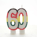 APAC 6-pack multicoloured glitter birthday party candles with the number 60 for celebration decorations.