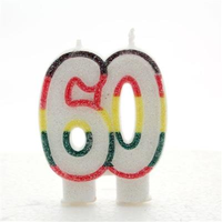 APAC 6-pack multicoloured glitter birthday party candles with the number 60 for celebration decorations.