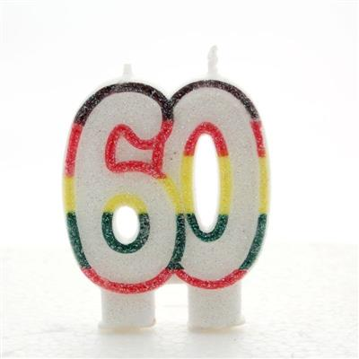 APAC 6-pack multicoloured glitter birthday party candles with the number 60 for celebration decorations.
