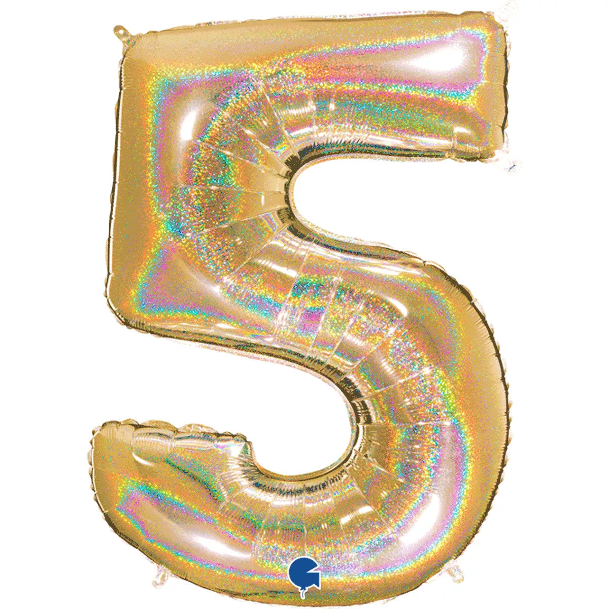 Gold Grabo foil balloon shaped as the number 5 with holographic glitter, 40 inches tall, perfect for celebrations and decorations.