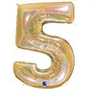 Gold Grabo foil balloon shaped as the number 5 with holographic glitter, 40 inches tall, perfect for celebrations and decorations.