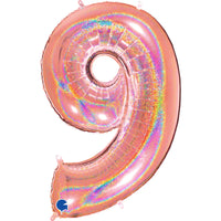 Grabo foil glitter holo rose gold number 9 balloon, 40-inch size, shiny metallic finish, suitable for celebrations and decorations