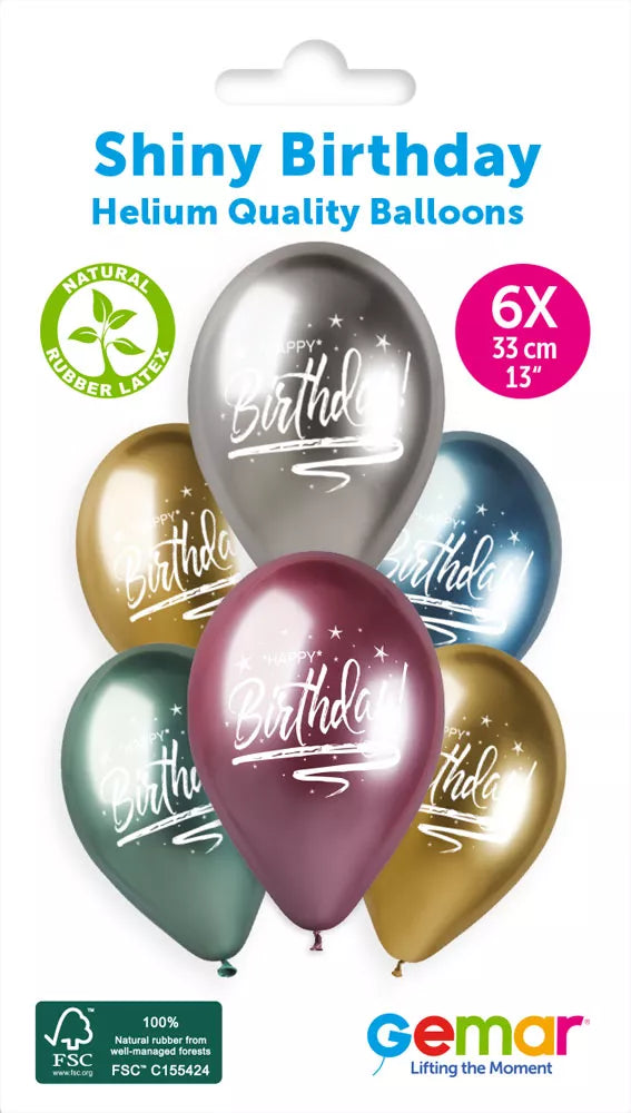 Six Gemar shiny latex birthday balloons with colorful printed designs, 13-inch size, festive and vibrant for celebrations.