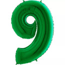 Green Grabo foil balloon in the shape of the number 9, measuring 40 inches, perfect for celebrations and decorations.