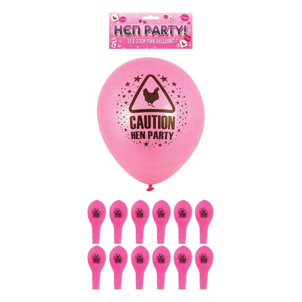 Pink 'Caution! Hen Party' Latex Balloons 12pk