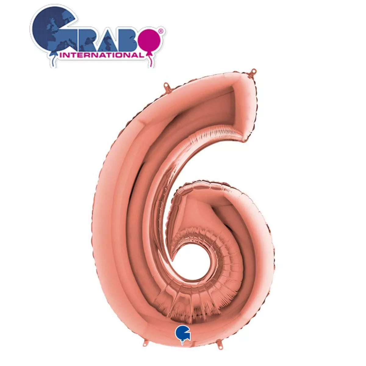 Grabo rose gold foil balloon shaped as the number 6, measuring 40 inches, with shiny metallic surface and decorative design.