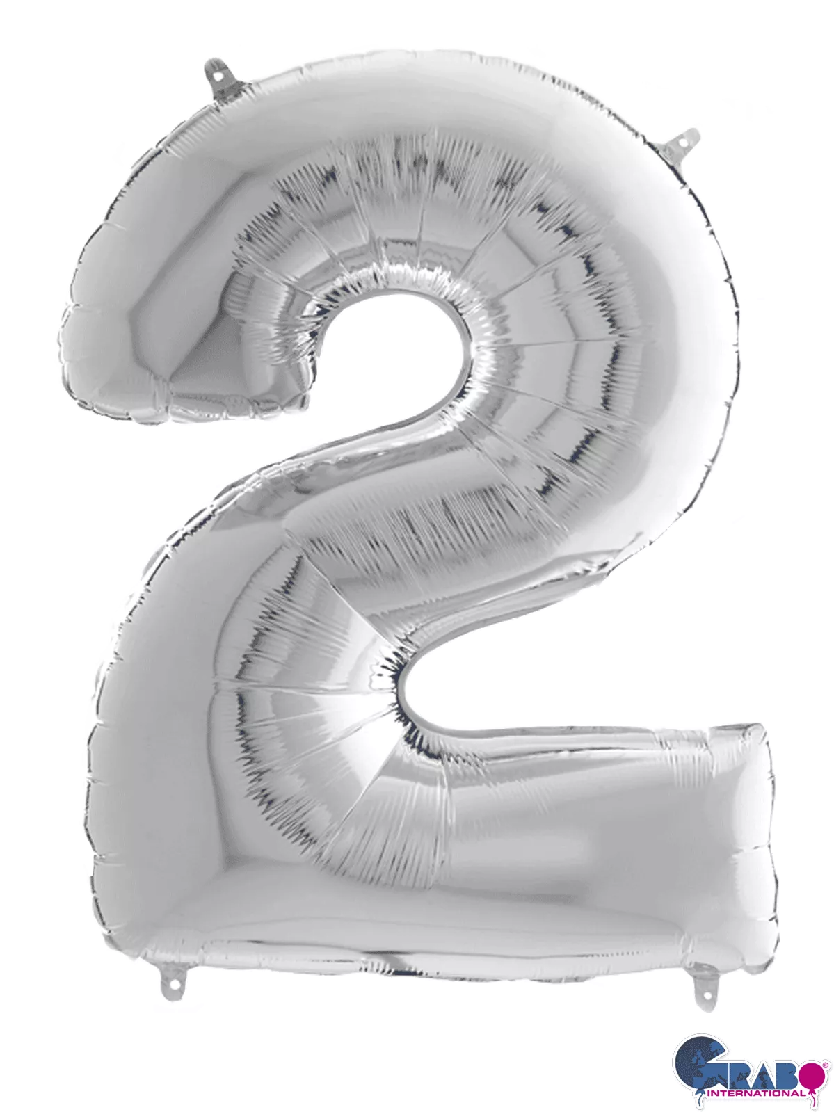 Silver Grabo foil balloon shaped as the number 2, 26 inches tall, with reflective metallic finish and detailed design.