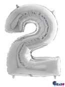 Silver Grabo foil balloon shaped as the number 2, 26 inches tall, with reflective metallic finish and detailed design.