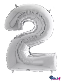 Silver Grabo foil balloon shaped as the number 2, 26 inches tall, with reflective metallic finish and detailed design.