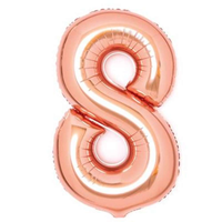Rose gold Anagram foil balloon in the shape of the number 8, measuring 34 inches, with shiny metallic surface.