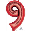 Red Anagram foil balloon in the shape of the number 9, measuring 34 inches tall, with shiny metallic finish.