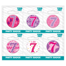 Six small birthday age 7 badges by Tiger Feet, featuring colorful designs and numbers on round badge surfaces.
