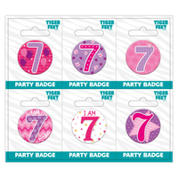 Six small birthday age 7 badges by Tiger Feet, featuring colorful designs and numbers on round badge surfaces.