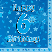 Blue 6th birthday napkins by Oaktree, 3-ply, 33x33cm, 16-pack, featuring festive birthday design for children’s celebration.