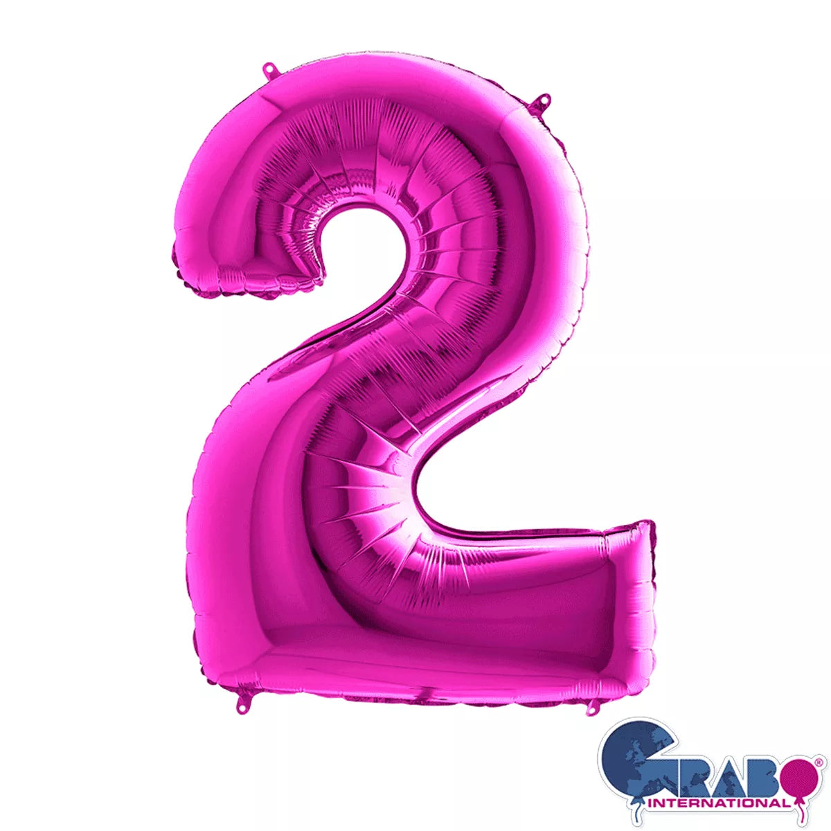 Purple Grabo foil balloon in the shape of the number 2, measuring 40 inches tall, with shiny metallic surface and festive design.