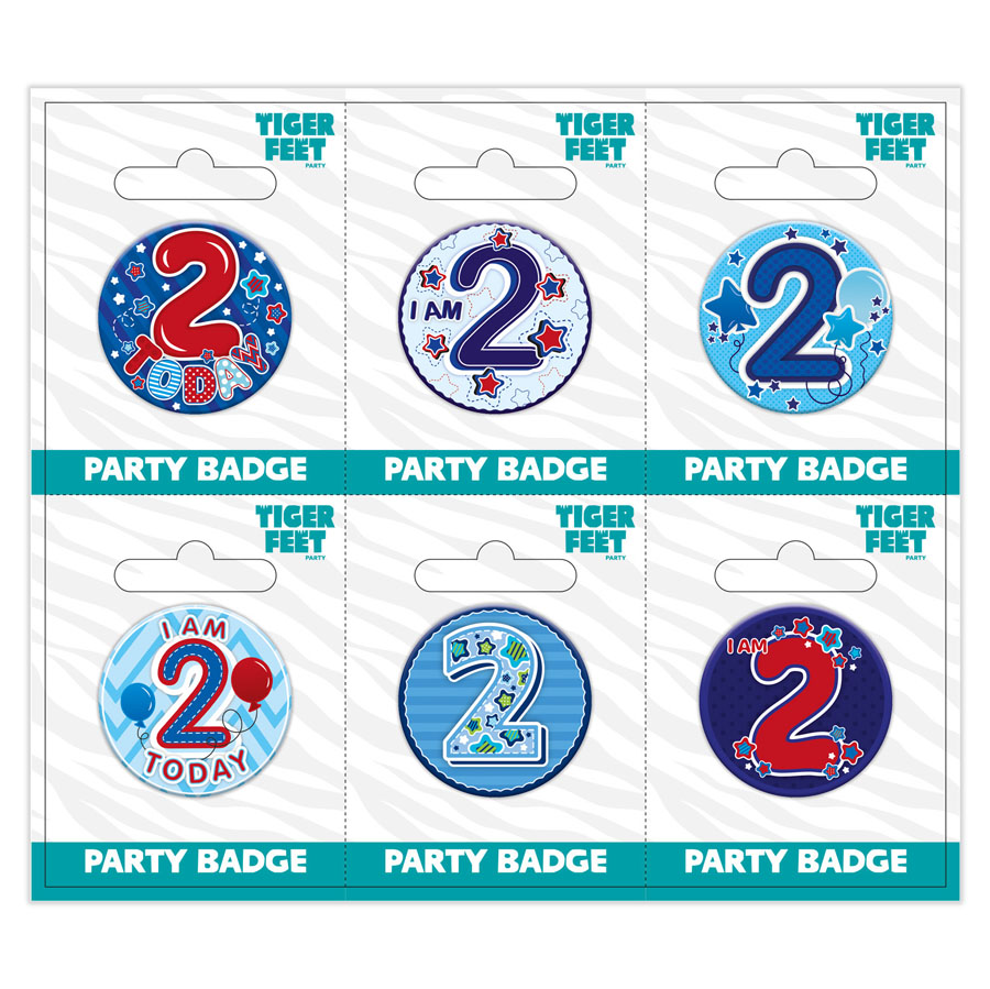 Six small Tiger Feet birthday badges featuring age 2 in colorful designs, perfect for celebrating a second birthday.