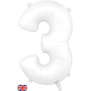 Oaktree White foil balloon shaped as the number 3, 34 inches tall, designed for celebrations and party decorations.