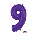 Purple Oaktree foil balloon shaped as the number 9, 34 inches tall, perfect for celebrations and decoration.