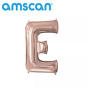 Rose gold foil balloon letter E by Anagram, 16-inch size, shaped as a stylish foil letter for celebrations and decorations.