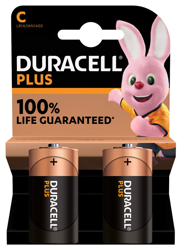 Duracell C batteries 2-pack showing silver and black cylindrical batteries with Duracell branding