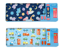 Two Gem Imports pencil cases featuring cars, space, and dinosaurs designs, measuring 9x26x3.5cm, with colorful, themed patterns.