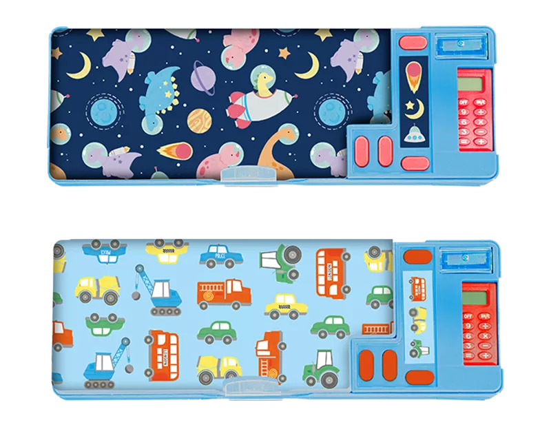 Two Gem Imports pencil cases featuring cars, space, and dinosaurs designs, measuring 9x26x3.5cm, with colorful, themed patterns.