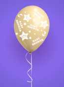 Eight colorful printed latex balloons for baby shower decorations, featuring playful designs, from Giftzone.