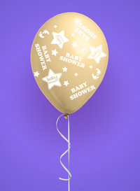 Eight colorful printed latex balloons for baby shower decorations, featuring playful designs, from Giftzone.